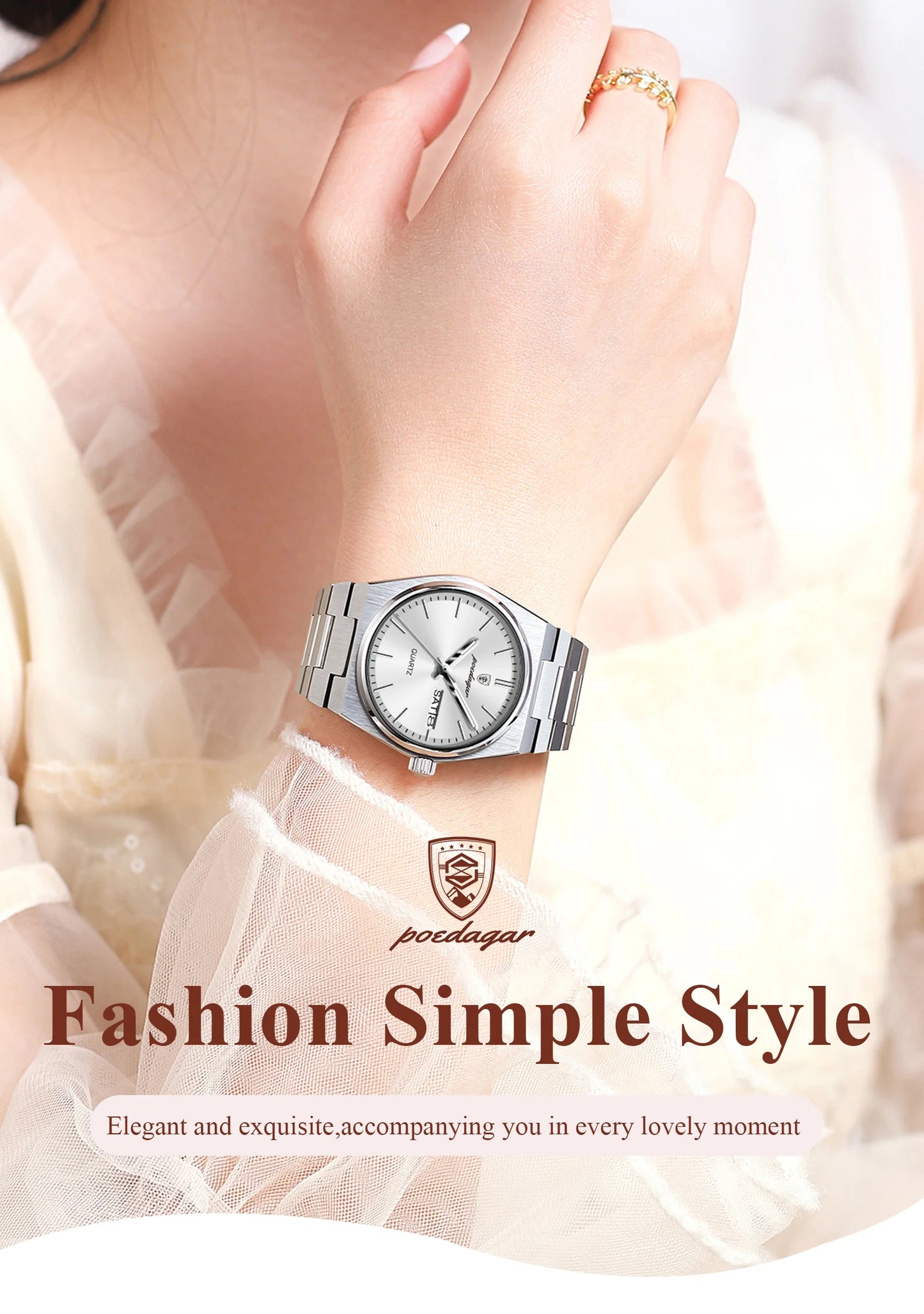 POEDAGAR Elegant Quartz Women’s Watches Waterproof Luminous Date Week Ladies Watch Stainless Steel Fashion Woman Wristwatch Gift