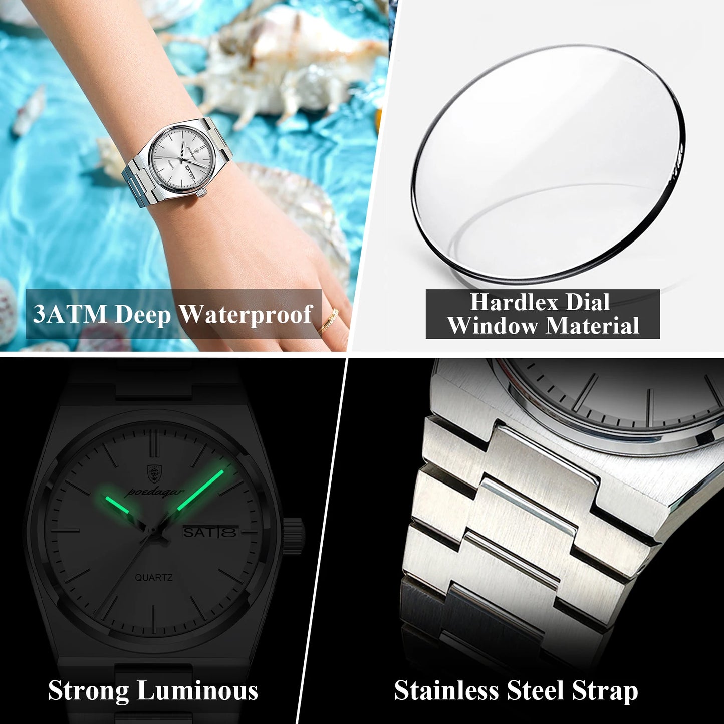 POEDAGAR Elegant Quartz Women’s Watches Waterproof Luminous Date Week Ladies Watch Stainless Steel Fashion Woman Wristwatch Gift