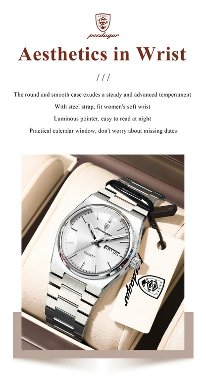 POEDAGAR Elegant Quartz Women’s Watches Waterproof Luminous Date Week Ladies Watch Stainless Steel Fashion Woman Wristwatch Gift