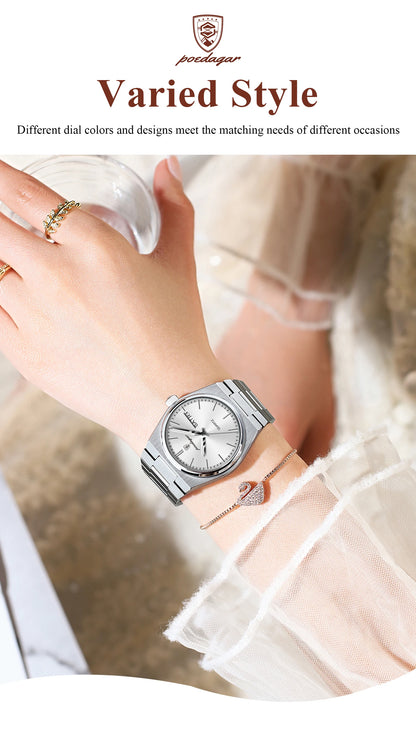POEDAGAR Elegant Quartz Women’s Watches Waterproof Luminous Date Week Ladies Watch Stainless Steel Fashion Woman Wristwatch Gift