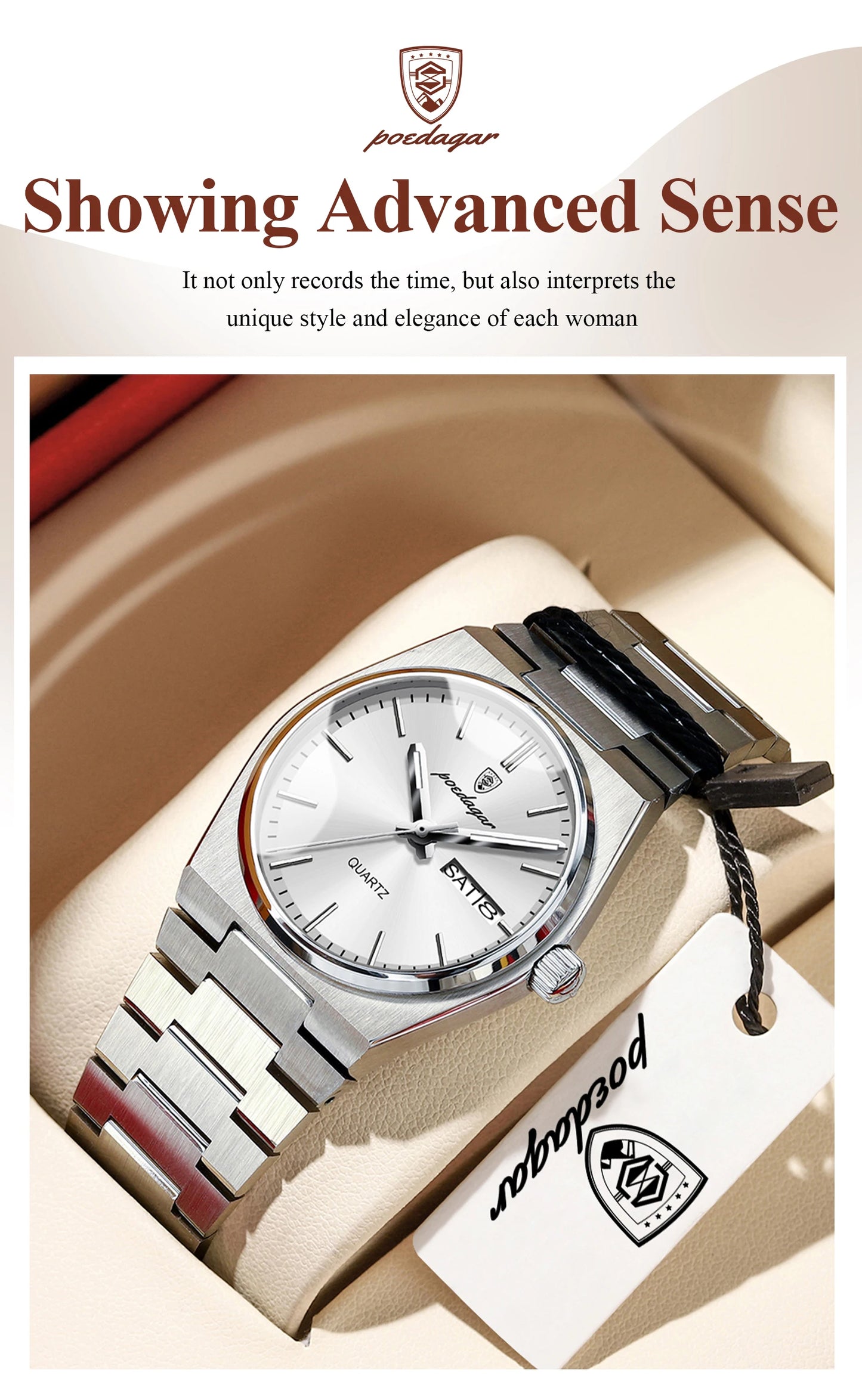 POEDAGAR Elegant Quartz Women’s Watches Waterproof Luminous Date Week Ladies Watch Stainless Steel Fashion Woman Wristwatch Gift