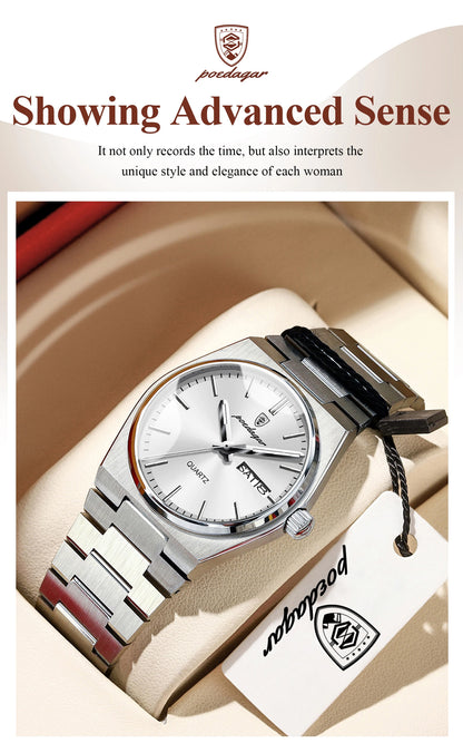 POEDAGAR Elegant Quartz Women’s Watches Waterproof Luminous Date Week Ladies Watch Stainless Steel Fashion Woman Wristwatch Gift
