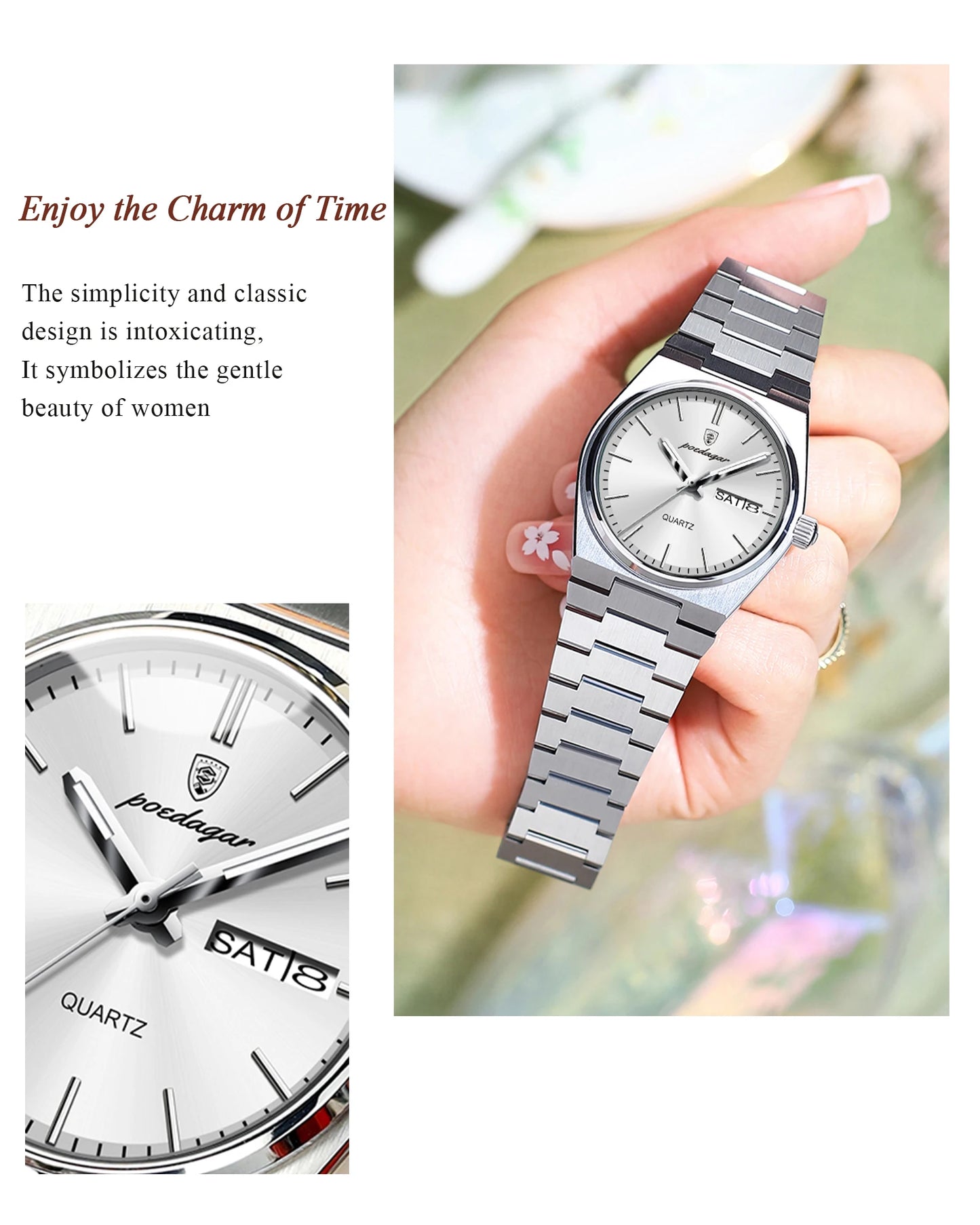 POEDAGAR Elegant Quartz Women’s Watches Waterproof Luminous Date Week Ladies Watch Stainless Steel Fashion Woman Wristwatch Gift